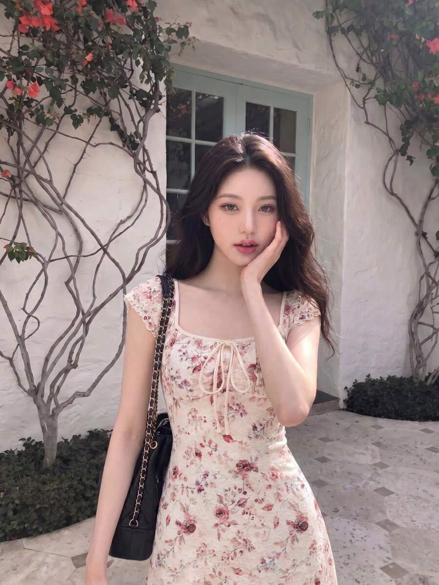 SHEIN MOD Apricot Pink Floral Lace Fabric Mini Dress With Ruffles And Bow,Summer Cottage Core Vintage Court Style For Dates,Party,Prom And Birthday - Multicolor - View 1