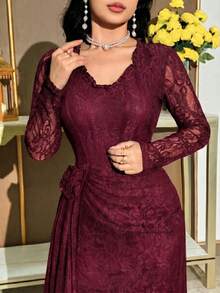 Modelyn 女款V領長袖3D花卉裝飾優雅蕾絲洋裝 - 中紫紅色 - 查看 6