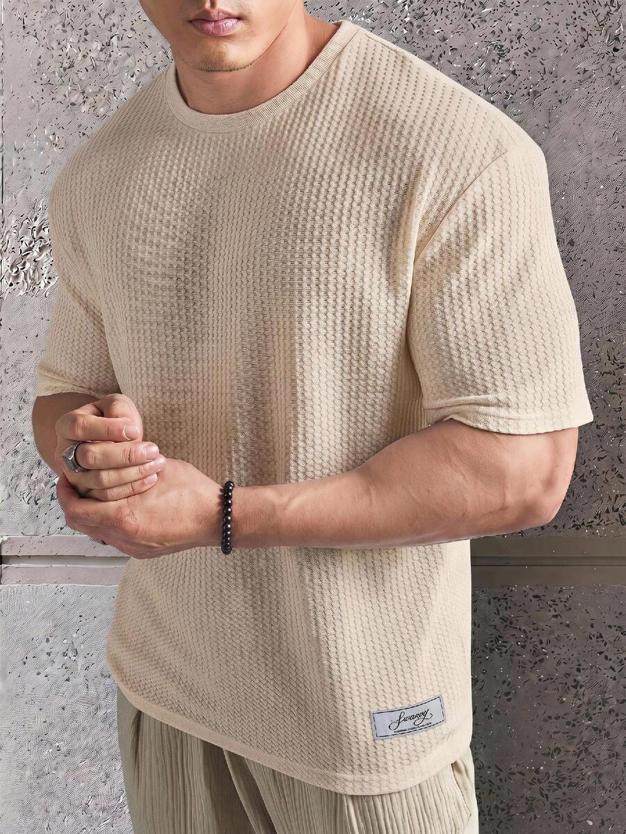 ESTAVOR Loose Men Solid Waffle Knit Tee - Khaki - View 1