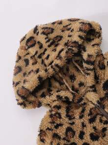 SHEIN Playful Pals 嬰兒女寶寶咖啡棕色毛絨內裡連帽卡其色長袖外套，秋冬時尚百搭外衣，復古豹紋毛絨連帽拉鍊夾克，女寶寶休閒外套 - 彩色 - 查看 4
