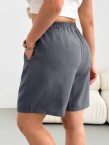 SHEIN Essnce Plus Size Solid Color Minimalist Casual Versatile Drawstring Waist Pocket Shorts Formal Dark Green Summer - Dark Grey - View 3