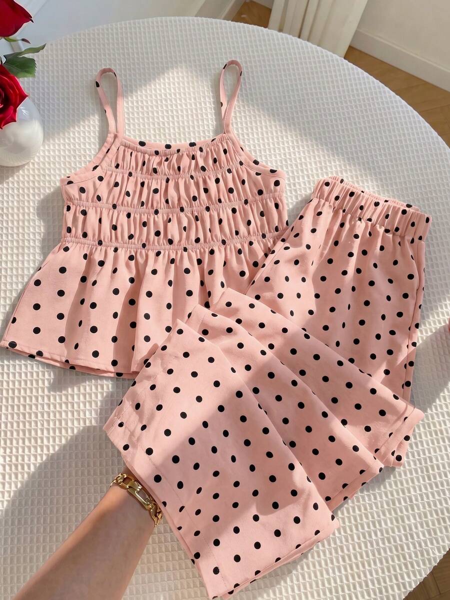 SHEIN 女童編織波點細肩帶上衣與長褲兩件套 - 粉色 - 查看 1