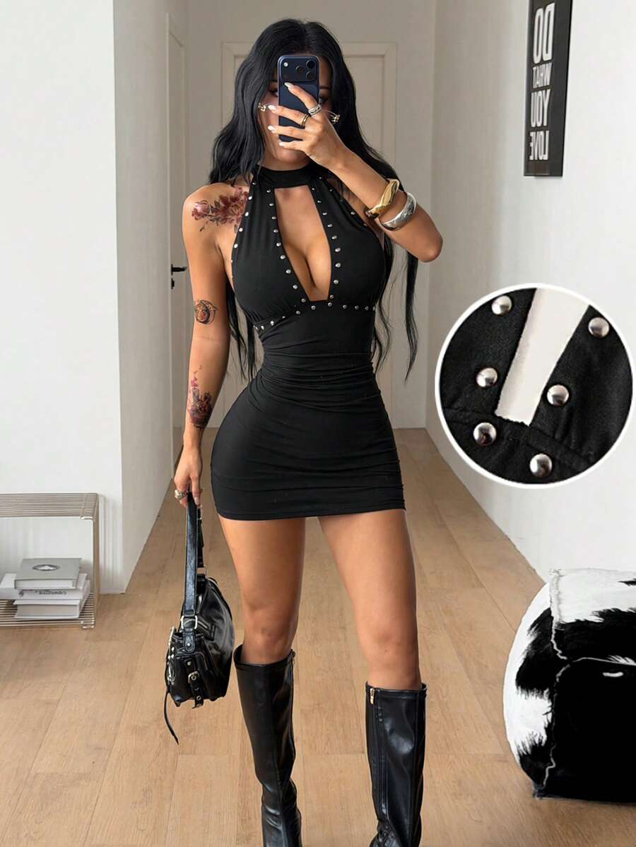 Coolane Women's Summer Streetwear Rave Outfit Party Hippie Music Festival Punk Y2K Sexy Casual Rivet Stretchy Cut Out Black Sleeveless Halter Mini Dress - Black - View 1