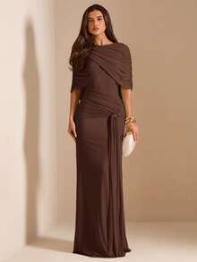 SHEIN BAE Autumn Dark Brown Mesh Shawl Evening Gown, High Neck Draped Pleated Tie-Up Fitted Mermaid Long Dress, Elegant Wedding Formal Guest Party Dress - Coffee Brown - View 3