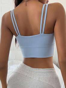 DAZY Mesh Patchwork Ruched Double Strap Padded Solid Color Slight Push-Up Sports Bra For Women - Baby Blue - View 2