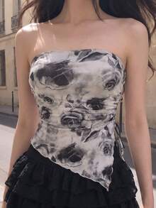 SHEIN MOD Tube Top With Side Drawstrings, Asymmetric Hem, Retro Sexy Elegant Printed Summer Going Out Party Night Night Out Tight Black And White - Black and White - View 5