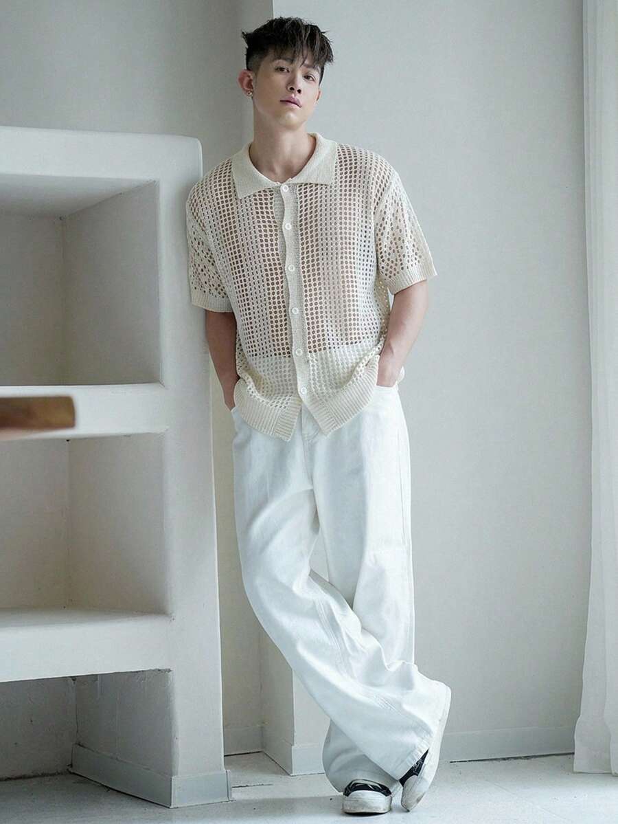 DAZY Top de punto de verano con contraste de color para hombre - Blanco - Ver 1