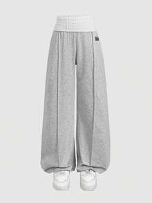 SHEIN 青少年女孩時尚休閒拼色腰帶運動長褲 - 淺灰色 - 查看 2