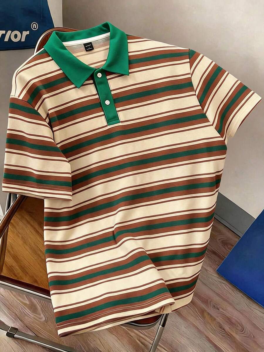 Manfinity Joysei Men's Colorblock Striped Patchwork Casual Versatile Commute Travel Short Sleeve Polo Shirt - Multicolor - View 1