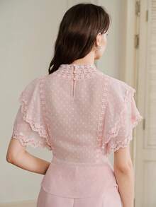 Anewsta Elegant Fashion Cut-Out Chiffon Fabric Contrast Lace Trim Ruffle Short Sleeve Blouse For Women - Pink - View 3