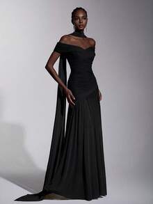 Elitara Elegant Minimalist Chic Off-Shoulder Ruched Asymmetric A-Line High Slit Dress, Suitable For Weddings, Formal Events, Galas, And Cocktail Parties - Black - View 6