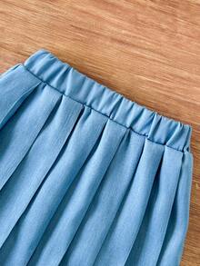 SHEIN Playful Pals 女嬰 3 件組 黑白波點與嬰兒藍上衣 + 罩衫 + 百褶裙 開學季夏季叢林風可愛套裝 - 藍色 - 查看 8