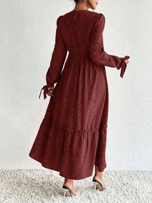 SHEIN 孕婦豹紋圓領長袖荷葉邊下擺休閒洋裝 - 酒紅色 - 查看 8