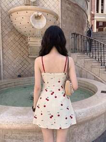 Skyraze Cherry Blossom Print Ruched Bust Cami Dress, Spring, Tea Party Vacation Women, Summer Outfits, Carnival Costume, Beach, Cute Cottagecore, Off-White - Multicolor - View 3
