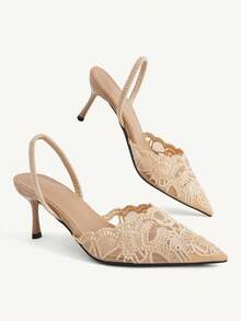CUCCOO CHICEST New French Mesh Lace Pointed Strap Sandals, Apricot Stiletto Women's High Heels, Shoes, Fashionable And Elegant Date Party Fall Shoes - Apricot - View 4