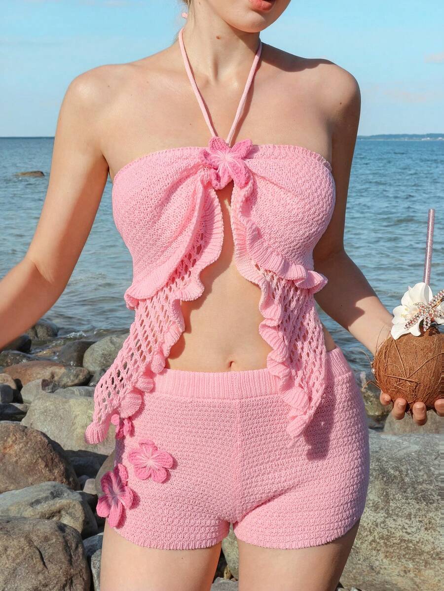 ROMWE X Elena Katey Island Vacation Style Casual Halter Neck Tie Camisole And Ultra Low-Rise Shorts Women 2 Pieces Set - Pink - View 1