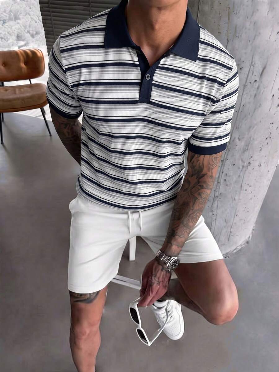 Manfinity CasualCool 男士夏季休閒條紋短袖 Polo 衫,海軍藍與白色老錢風,日常休閒,禮物派對度假假期,儀式 - 彩色 - 查看 1