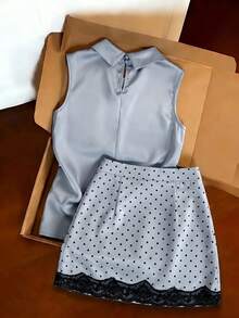 SHEIN Clasi Set Atasan Tanpa Lengan dengan Tali Pita dan Rok Belahan Motif Polkadot, Cocok untuk Pemakaian Sehari-hari - Grey - View 2