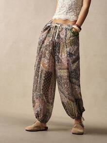 Bohemela Spring/Summer Vacation Casual Solid Color Woven Loose Wide Leg Women's Long Pants - Mustard Yellow - View 5