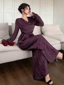Joudiya Autumn Summer Dark Purple Ruffle Trim Shirt Straight Leg Pants Elegant Wedding Brunch Party Women 2 Pieces Set - Violet Purple - View 1