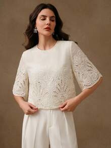Anewsta Women's New Elegant Vacation Style Wedding Banquet Sheer Heavy Embroidery Hollow Out Round Neck Short Sleeve Cover Up - White - View 3