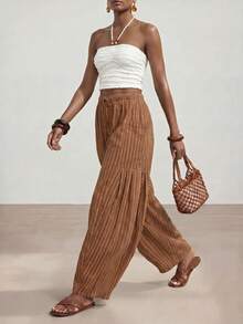 Zivah Women's Summer Brown Striped Boho Vacation Holiday Linen Fabric Loose Harem Lantern Long Pant With Side Pockets,Casual Nomadic Beach Party Outfits - Rust Brown - View 9