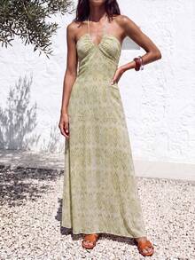 Nöista 女款抓皺印花掛脖綁帶度假洋裝 - 綠色 - 查看 5