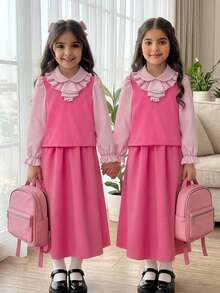 Conjunto casual de top y falda 2 en 1 con patchwork, volantes, rayas y manga larga para niña preadolescente - Rosa - Ver 13