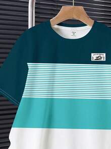 Tween Boy Casual Comfortable Fashionable Minimalist Crew Neck Short Sleeve T-Shirt And Shorts Set, Classic Cool Striped Pattern Print, Color Block Pattern Print, Exquisite Coconut Tree Small Logo Pattern Print, Suitable For Spring And Summer - Multicolor - View 4