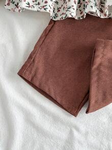 SHEIN 女童套裝，2件式休閒學院風蝴蝶結裝飾翻領長袖拼接娃娃上衣與寬鬆休閒長褲套裝，適合日常穿著 - 彩色 - 查看 6