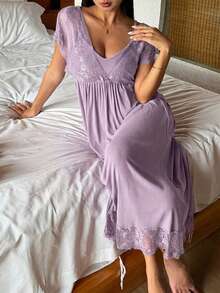 DAZY Robe longue transparente à bretelles spaghetti avec patchwork de dentelle et taille cintrée, tenue d'été, chemise de nuit pour femme - Parme - Voir 8