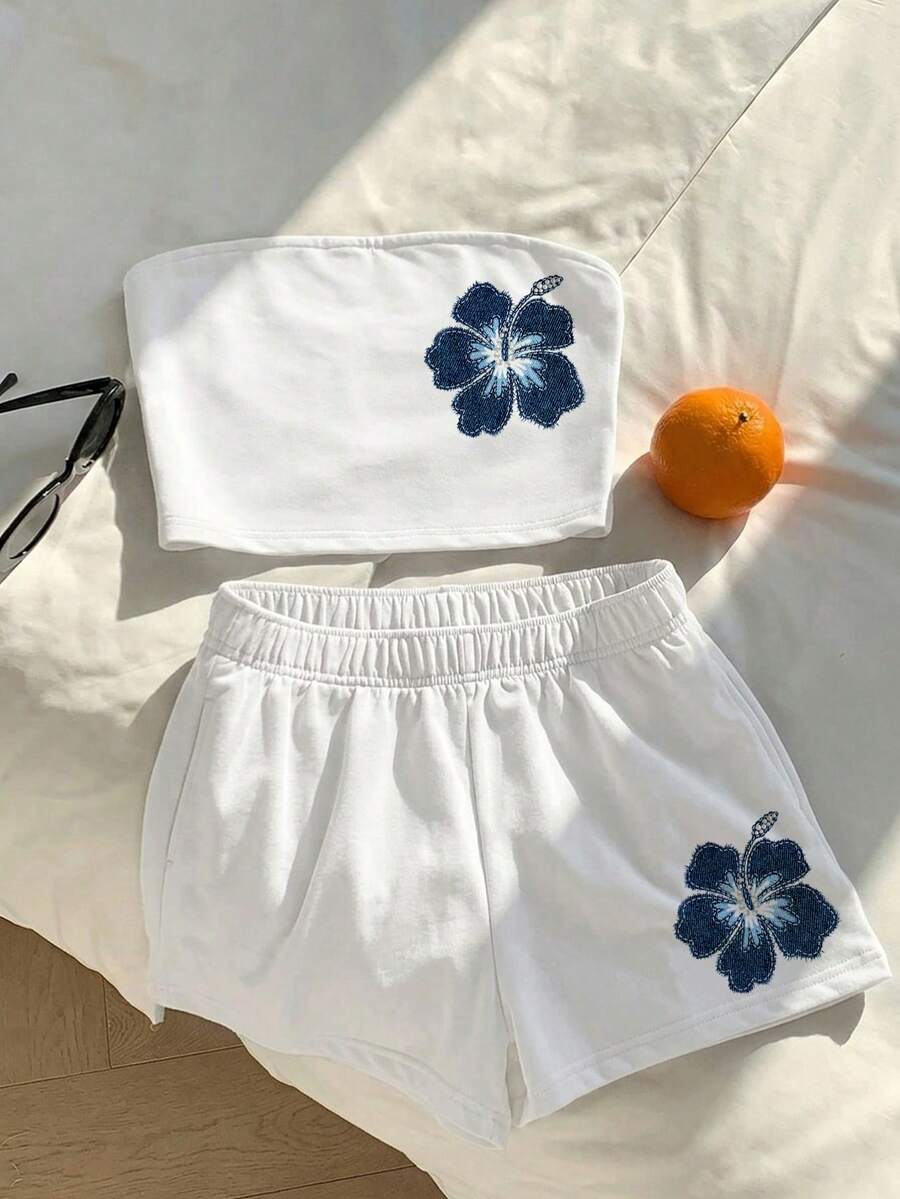 Comfortcana 女士度假时尚印花露脐抹胸上衣和休闲短裤套装 - 彩色 - 查看 1