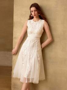 MOTF PREMIUM VESTIDO MIDI SIN MANGAS CON ENCAJE BORDADO, PATCHWORK Y VOLANTES PARA MUJER, PRIMAVERA/VERANO, ELEGANTE PARA CITA - Blanco - Ver 4