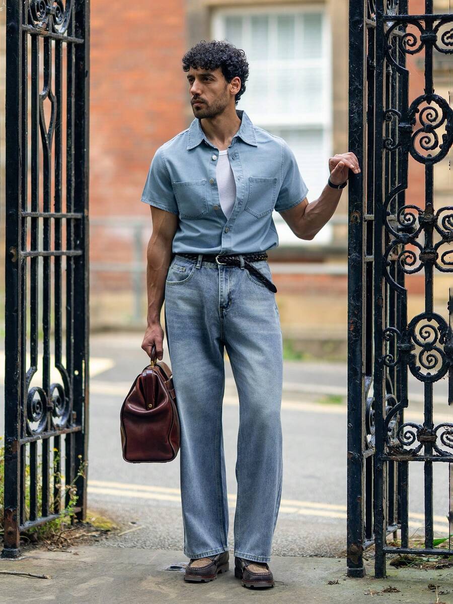 YOUESAWY YOUESAWY Men's Cotton Pocket Patched Denim Shirt Without Tee, Streetwear Essentials - Light Wash - View 1