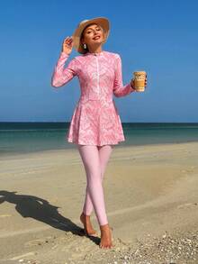 Swim Mulvari Women's 2-Piece White Base Colorful Seashell Random Print Long Sleeve Half-Zip Fitted Top With A-Line Hem Dress And Fitted Long Pants Middle Eastern Burkini - Pink - View 3