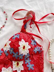 Soleia 女款花卉刺繡圖案休閒百搭日常穿著上衣 - 紅色 - 查看 3