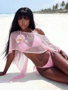 Amplova 3pcs Women's Swimwear Set: Floral Pink Tropical Asymmetric-Shoulder Bikini Top, Matching Cover-Up, Cute Mini Vacation Beach Summer - Pink - View 4