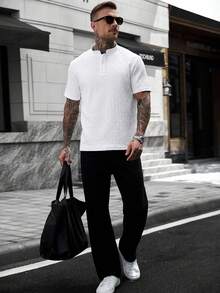 Manfinity CasualCool Men's Textured Button Half-Placket Short Sleeve Polo Shirt For Vacation - White - View 6
