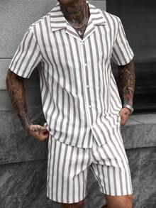 Manfinity CasualCool 男士夏季休閒條紋襯衫短褲套裝，適合日常休閒穿著、外出或朋友聚會，也是送給男友或丈夫的理想禮物 - 彩色 - 查看 5