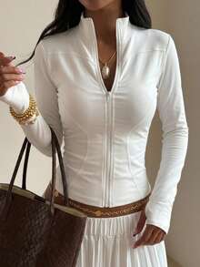 DAZY Women Solid Color Elastic Mock Neck Fitted Long Sleeve Jacket, Sportswear & Casual, Spring/Autumn - White - View 13