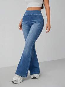 SHEIN PETITE Petite Size Women's Wide Elastic High Waist High Stretch Dusty Blue Lifting Flare Leg Jeans, Multi Pocket Casual Everyday Summer Streetwear Pant - Medium Wash - View 6