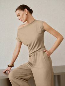 MOTF PREMIUM WOMEN'S CASUAL PLEATED ASYMMETRIC NECKLINE KNIT 2 PIECES SET - Brown - View 7