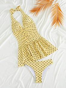 SHEIN Swim 女款性感歐美風復古音樂節派對大膽前衛戶外夏季海灘極簡優雅休閒度假動物印花拼接印花掛脖綁帶收腹收腰抓皺設計泳衣泳裙套裝，含三角比基尼泳褲與荷葉邊泳裙，2件式顯瘦泳衣，適合海邊、秋季泳裝、春假、返校季、啤酒節、音樂節、假期、春季促銷、海灘氛圍度假穿搭 - 彩色 - 查看 8