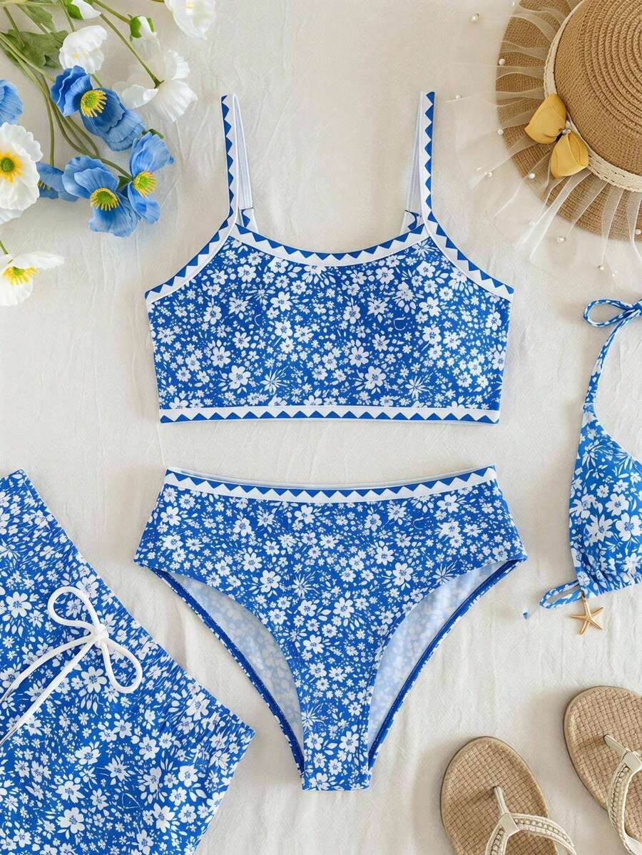 SHEIN Tween Girl Blue And White Small Ditsy Floral Bikini Set Set, Island Style Print, Vacation Style, Suitable For Spring And Summer, Outdoor Activities - Blue - View 1