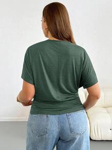Shapeblank Große Größen Sommer Lässig Einfarbiges T-Shirt mit Fledermausärmeln - Dunkelgrün - Übersicht 3