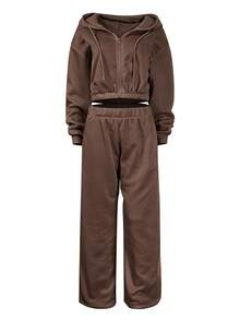 INAWLY Women's Solid Color Hooded Cropped Sweatshirt & Sweatpants 2 Pieces Set - Rust Brown - View 2