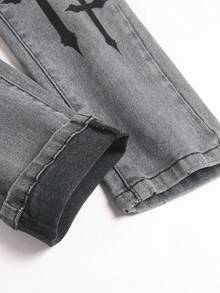 SHEIN 青少年男孩休閒十字圖案灰色彈性緊身牛仔褲，萬聖節與黑色上學款 - 灰色 - 查看 6