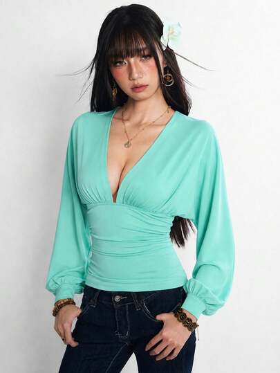 Rina Fox Women's Solid Color Deep V-Neck Shoulder Lantern Sleeve Sexy Elegant Fitted Top Night Out Date Night Mint Green Autumn