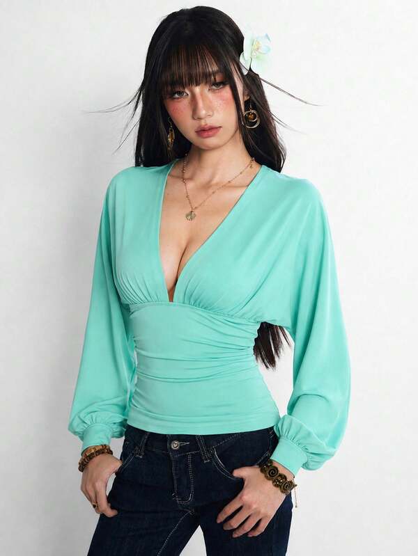 Rina Fox Women's Solid Color Deep V-Neck Shoulder Lantern Sleeve Sexy Fitted Top