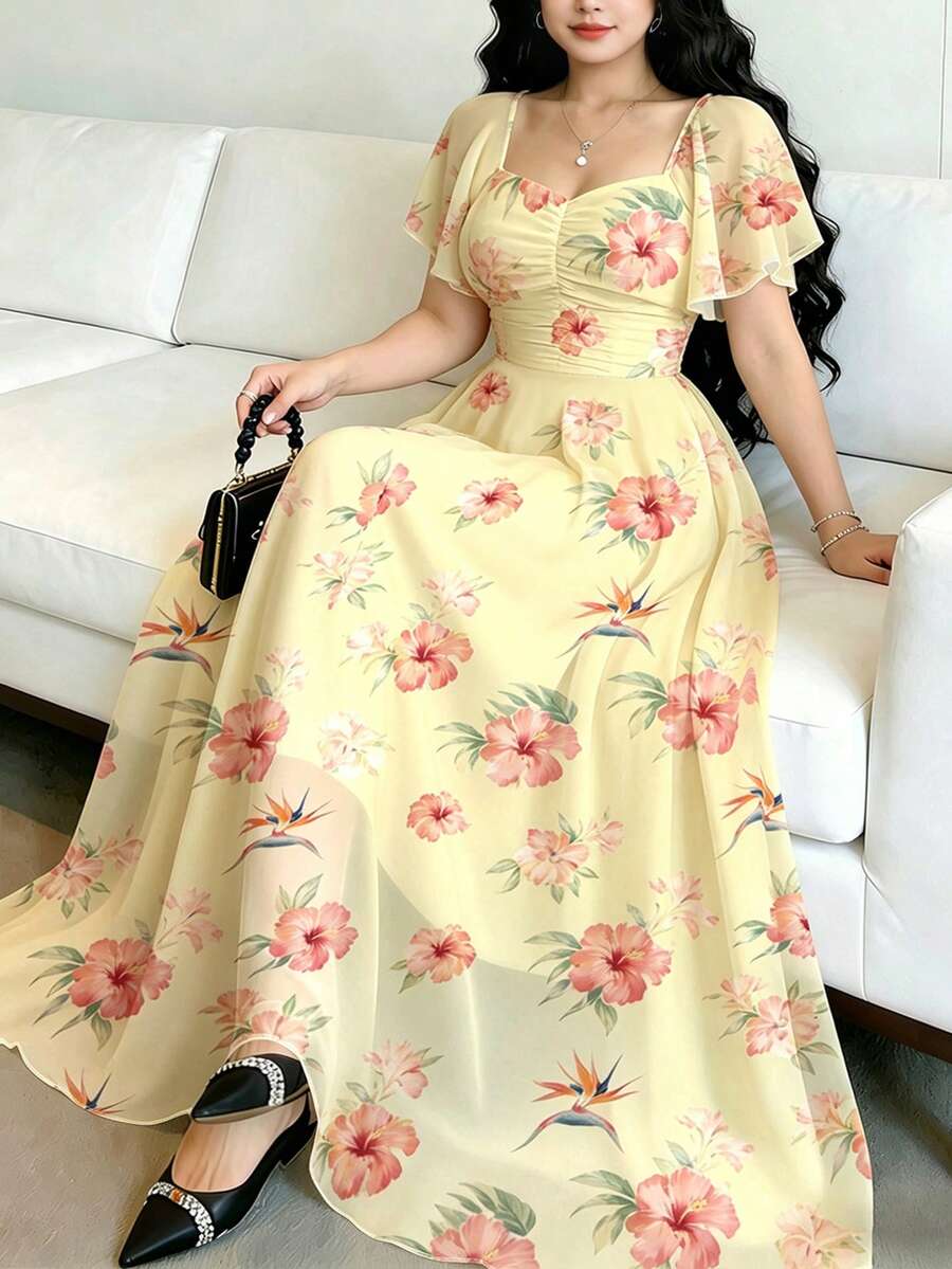 Modelyn 大尺碼木槿花印花洋裝,女款時尚方領荷葉邊飄逸袖設計淺黃色極簡主義長洋裝,夏季收腰長款優雅洋裝,適合夏季度假、日常穿著、海灘度假村 - 彩色 - 查看 1